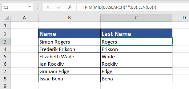 Extract Last Name using MID Function