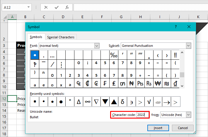 Using Symbol Option For Adding Bullet Points In Excel