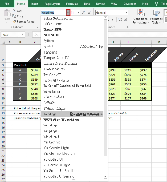 Using Special Fonts For Inserting Bullet Points In Excel