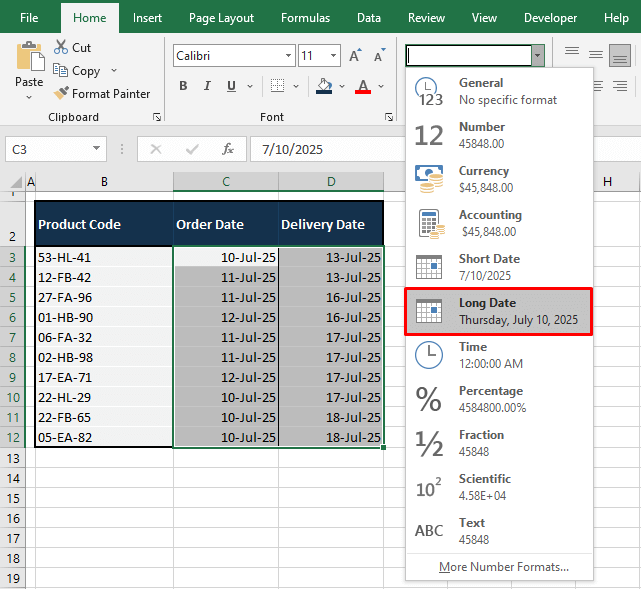 How to Apply Long Date Format In Excel Using Ribbon