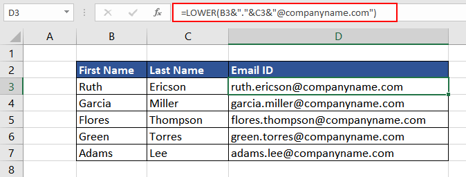 Creating Email IDs using the LOWER Function