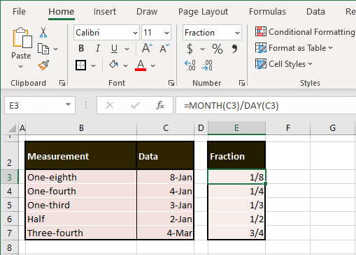 Using Fraction Format and MONTH & DAY Functions