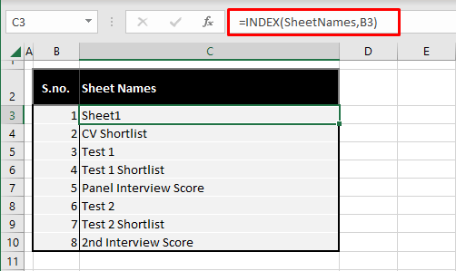 Getting Sheet Names in Excel Using Formula