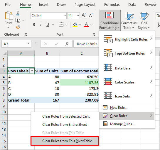 Remove Rules from PivotTable