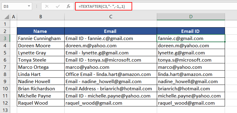 Extracting Email IDs Using TEXTAFTER Function
