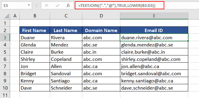 Creating Email ID Using TEXTJOIN Function