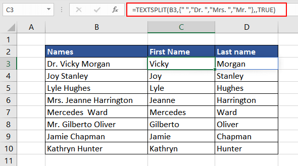Splitting First and Last Names using TEXTSPLIT Function