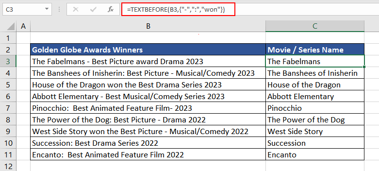 Extracting Movie Names using TEXTBEFORE Function