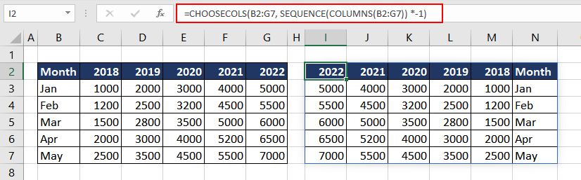 Reversing Order of Columns Using CHOOSECOLS Function