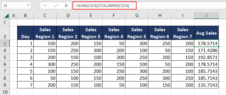 Calculating Average Using COLUMNS Function