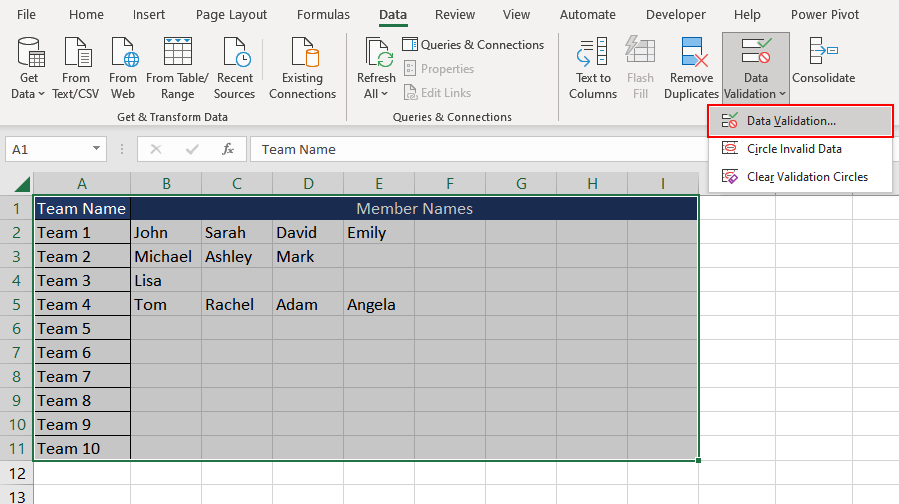 Using Data Validation with COLUMNS Function
