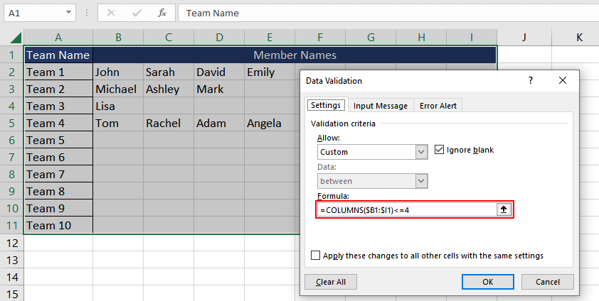 Using Data Validation with COLUMNS Function