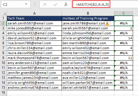 Comparing Two Lists Using MATCH Function