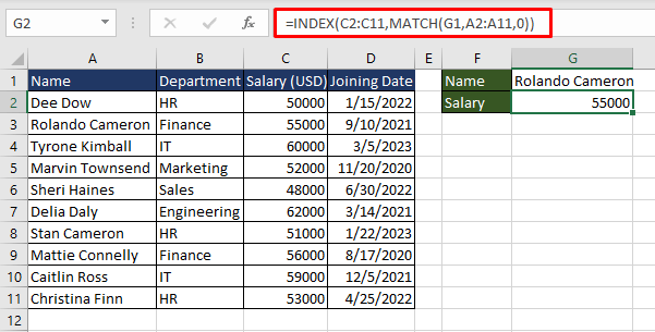 Using VLOOKUP with MATCH Function